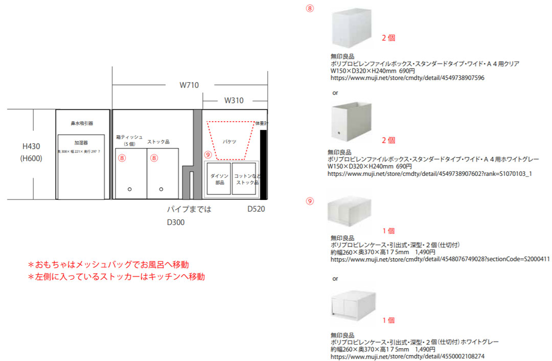 洗面所下の収納プラン。消耗品のストックを収納する場所&大きめの季節家電を収納する場所がほしいとのご依頼でした