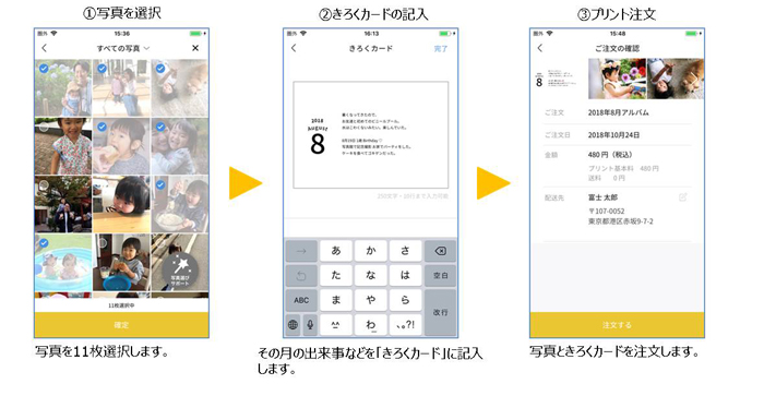 写真と「きろくカード」はプリント注文ができます。注文したものは、自宅での受け取りも可能