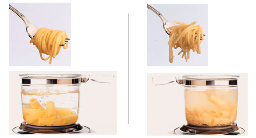 左が品質の良いパスタ。違いははっきりわかりますね!