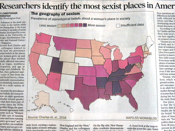 アメリカ国内の性差別(特に女性に対して)の分布です。色が濃くなるにつれ女性差別の強さを示しています。関連記事はこちら http://www.chicagotribune.com/news/nationworld/ct-america-most-sexist-places-20180821-story.html# アメリカについて語る時は、地域差が結構あって、全体を一般論として語るのが難しいケースがあります